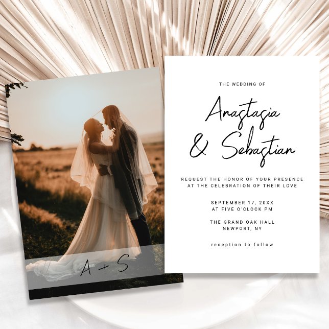 Convites Casamento de Fotografias de Script Branco e Preto  (Modern Elegant Black & White Script Photo Wedding Invitation)