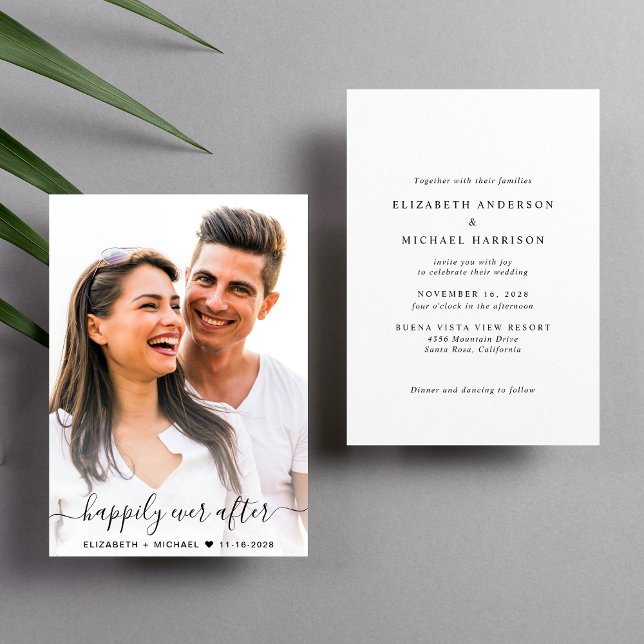Convites Casamento de Fotografias de Script Elegante (Celebrate your love story with a modern happily ever after wedding invitation showcasing your photo)