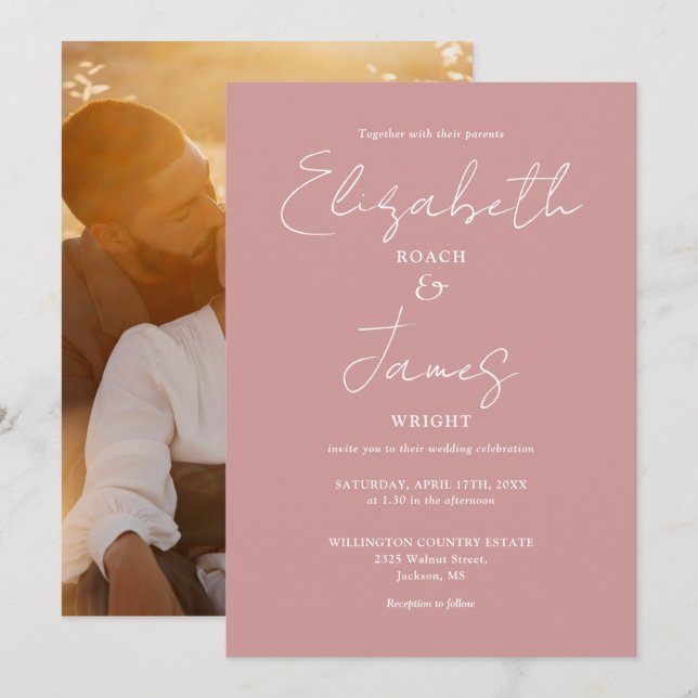 Convites Casamento de Fotografias de Script Minimalista Dus (Frente/Verso)