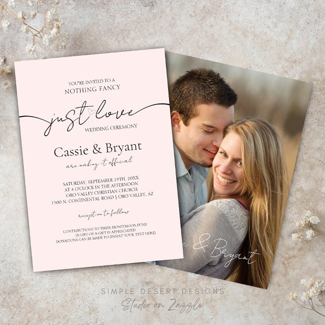 Convites Casamento de Fotografias de Script Moderno Elegant (Elegant Minimalist Blush Pink Wedding Invitation with Photo and Modern Script)