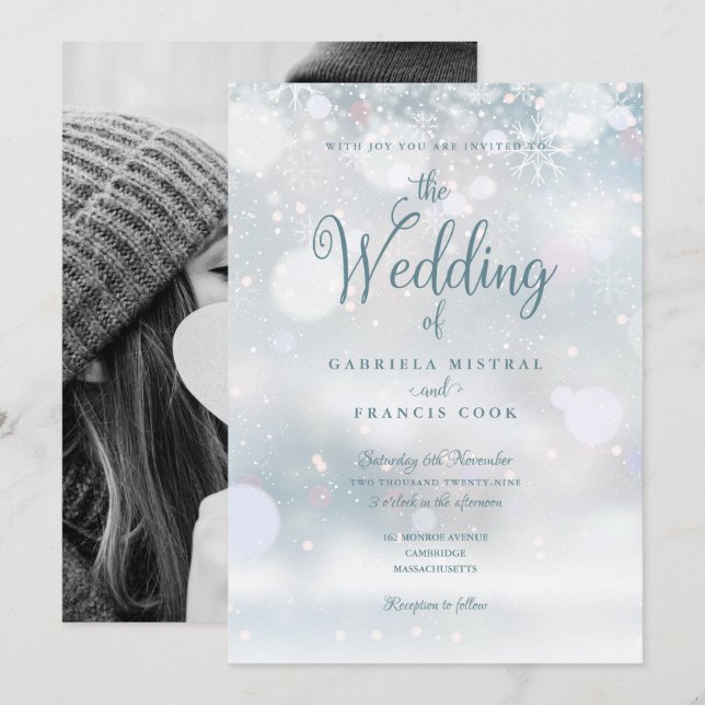 Convites Casamento de Fotografias de Snowflakes Elegante (Frente/Verso)