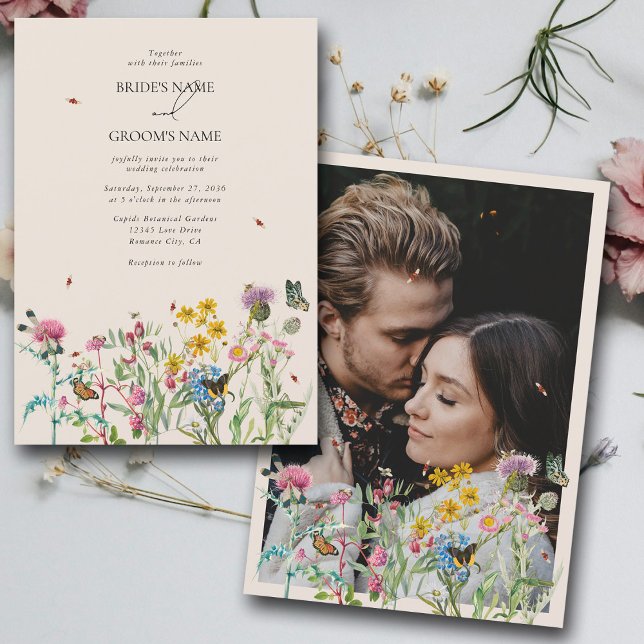 Convites Casamento de Fotografias do Casal de Watercolor Wi (Watercolor Wildflower Garden Couple Photo Wedding Invitation)