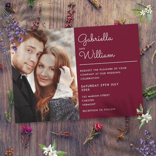 Convites Casamento de Fotografias do Modern Script Burgundy (Modern Script Burgundy Photo Wedding Invitation)