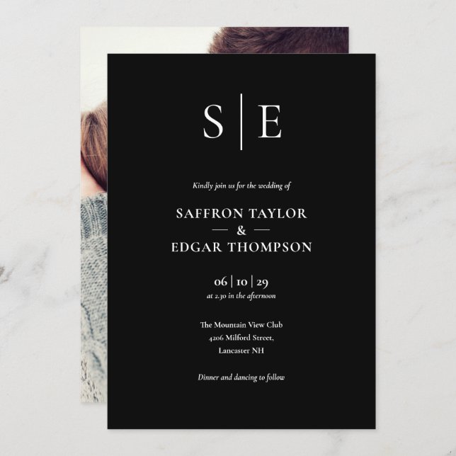 Convites Casamento De Fotografias Do Monograma Branco E Pre (Frente/Verso)