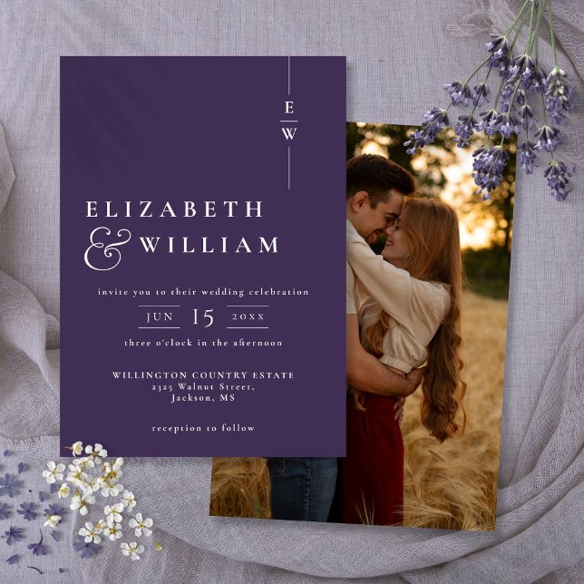 Convites Casamento de Fotografias do Monograma Moderno e Ro (Purple Modern Elegant Monogram Photo Wedding Invitation)