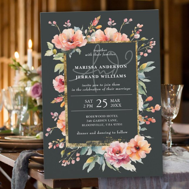 Convites Casamento de Fotografias Douradas do Jardim Botâni (Rustic Botanical Garden Gold Frame Photo Wedding Invitation)