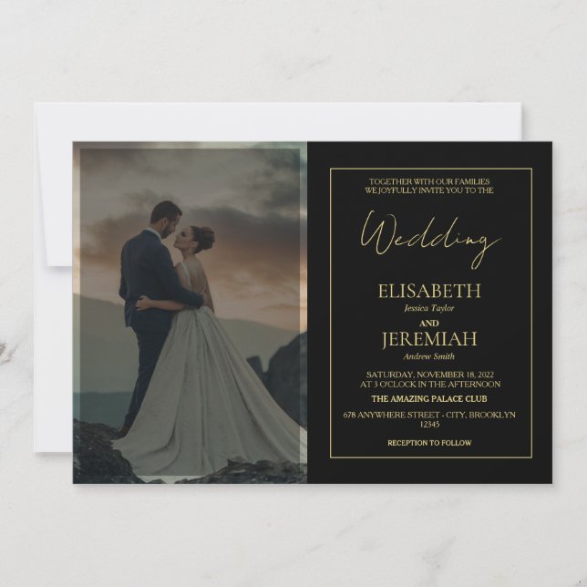 Convites Casamento de Fotografias Douradas e Negras Simples (Frente)