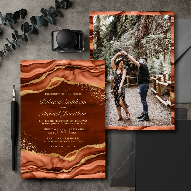Convites Casamento de Fotografias Dourado Fluid Ink Terraco (Criador carregado)