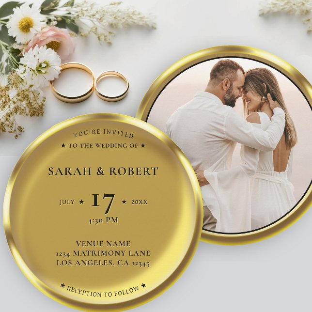Convites Casamento de Fotografias Elegante de Moedas Dourad (Gold Coin Elegant Photo Round Wedding Invitation)