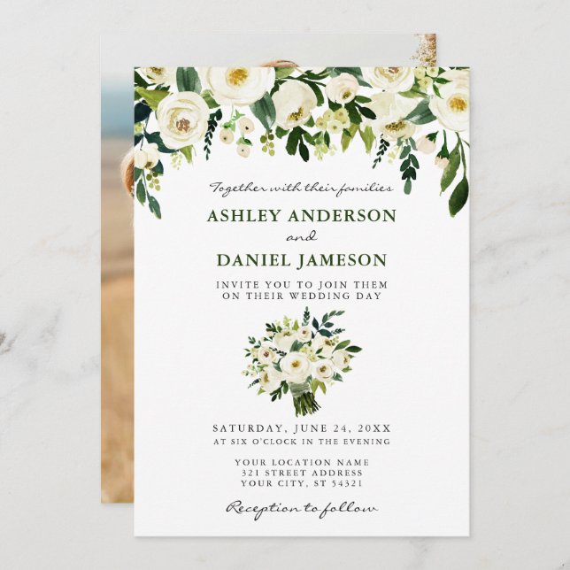 Convites Casamento de Fotografias Elegante do Buquê Floral  (Frente/Verso)