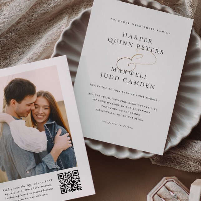 Convites Casamento de Fotografias Elegante Simples (Elegant Typography Black and White with Gold Photo Wedding Invitation with QR code.)