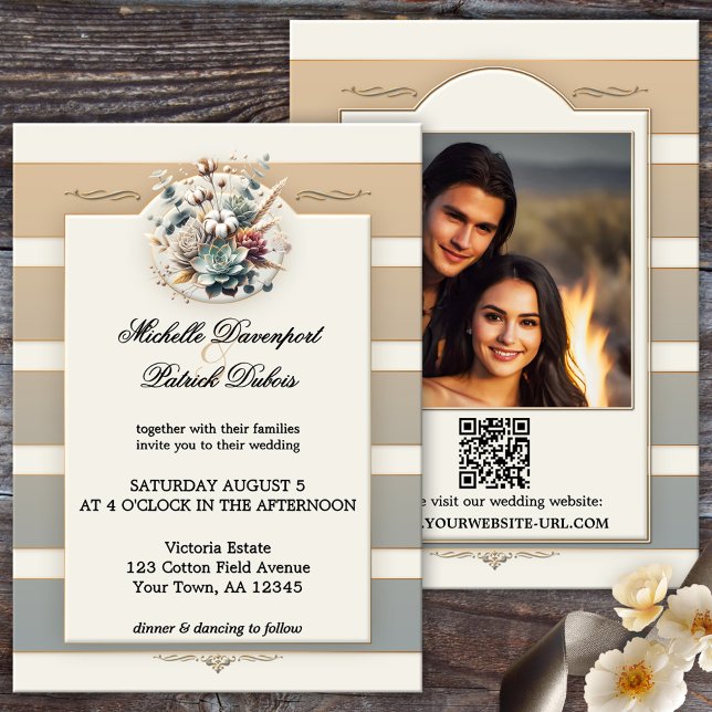 Convites Casamento De Fotografias Florais Com Tons Da Terra (Modern photo wedding invitation featuring an elegant striped design in pastel earth tones + QR code)