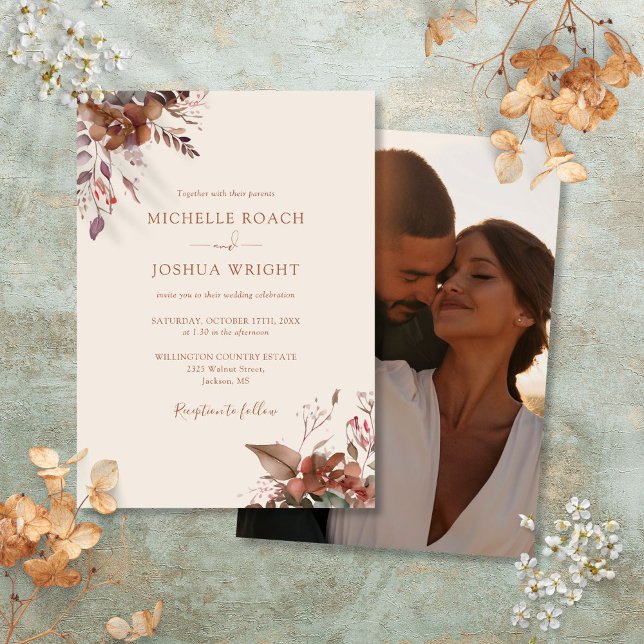 Convites Casamento de Fotografias Florais no outono Rustic (Rustic Autumn Fall Floral Photo Wedding Invitation)