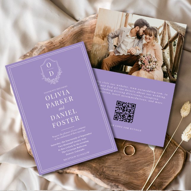 Convites Casamento de Fotografias Lilac Purple com Crest de (Criador carregado)