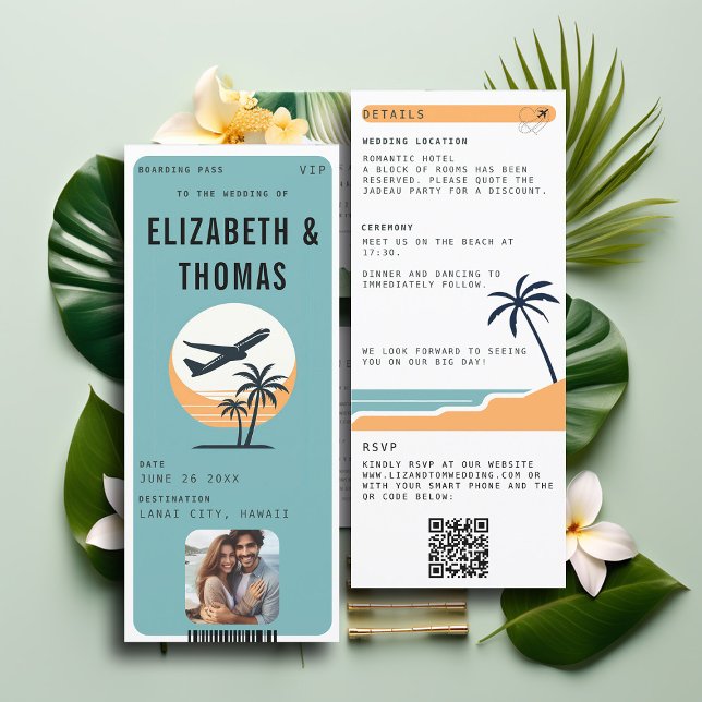 Convites Casamento de Fotografias Modernas da Praia de Dest (tropical beach destination wedding invitation boarding pass qr code all in one photo modern)