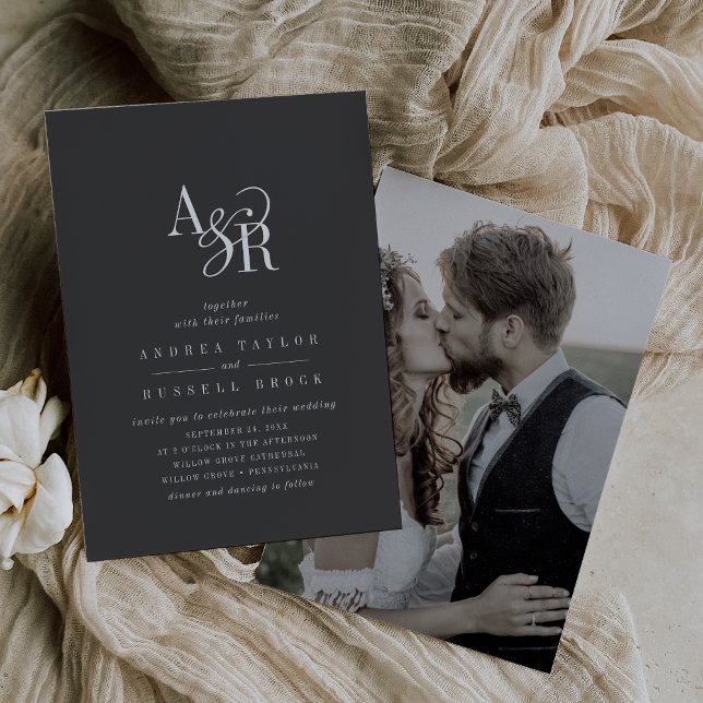 Convites Casamento de Fotografias Moderno da Cinza Negra de (ANDREA Minimal Boho Dark Gray Modern Photo Wedding Invitation)