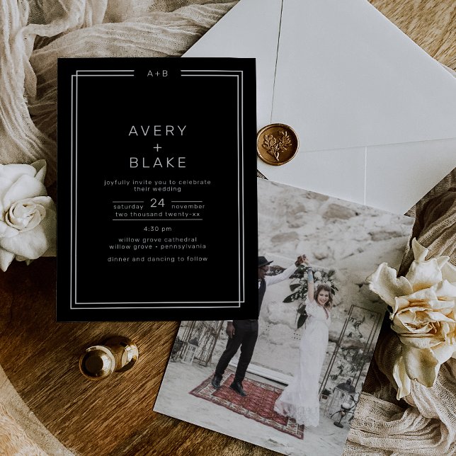 Convites Casamento de Fotografias Moderno Negra Negra (AVERY Modern Black Monochrome Photo Wedding Invitation)