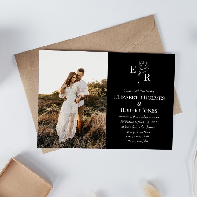Convites Casamento de Fotografias Personalizadas do Monogra (Modern Black Floral Monogram Custom Photo Wedding Invitation on white table with dry wildflowers.)