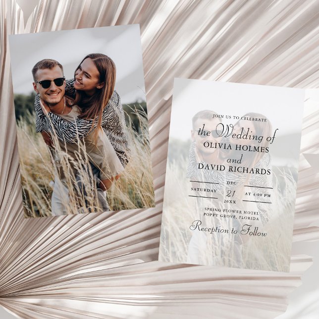 Convites Casamento de Fotografias Personalizado Simples Min (Simple Minimalist Custom Photo Wedding Invitation on a sunny neutral dry palm leaf.)