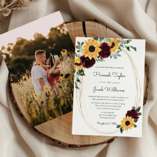 Convites Casamento de Fotografias Rustic Sunflower & Burgun