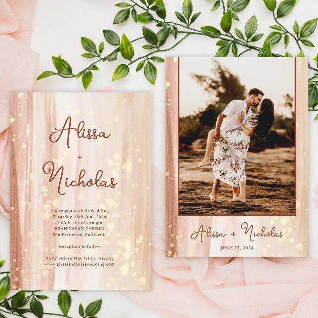 Convites Casamento de Fotografias Rustic Terracotta Dourada (Criador carregado)