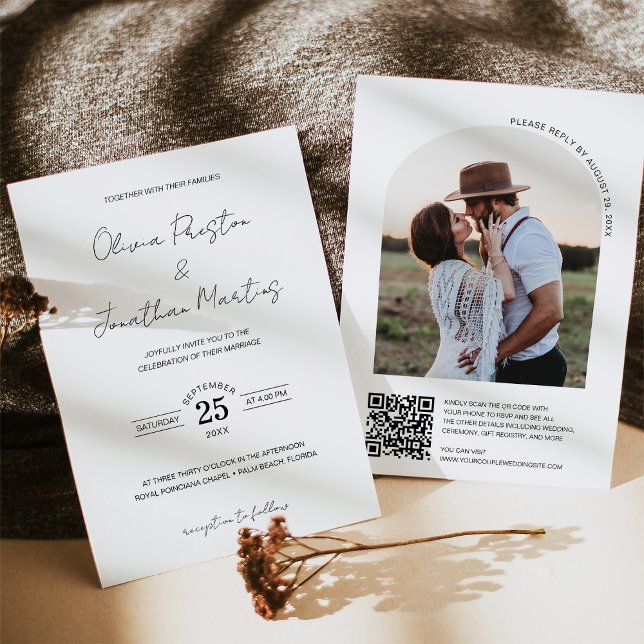 Convites Casamento de Fotografias Simples de Arch de Código (Minimalist Simple QR Code Arch Frame Photo Wedding Invitation)