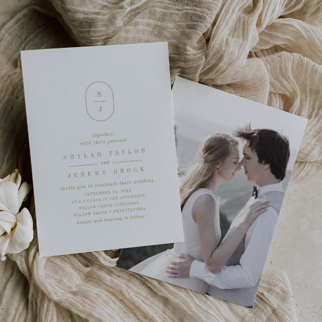Convites Casamento de Fotografias Simples e Dourada SHYLAH (SHYLAH Minimal Gold Simple Modern Photo Wedding Invitation)