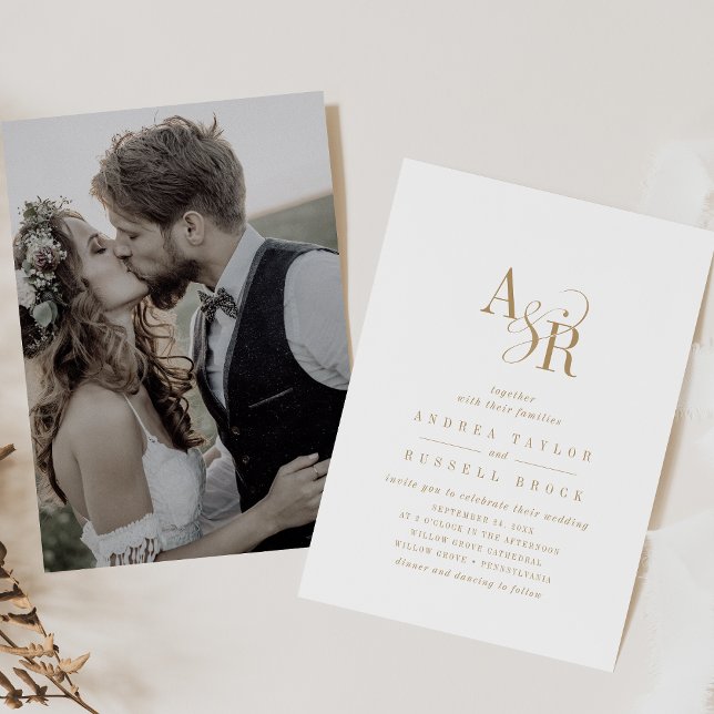 Convites Casamento de Fotografias Simples e Dourado de ANDR (ANDREA Monogram Gold Simple Minimal Photo Wedding Invitation)