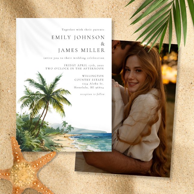 Convites Casamento de Fotografias Tropicais de Praia Modern (Modern Watercolor Tropical Beach Photo Wedding Invitation)