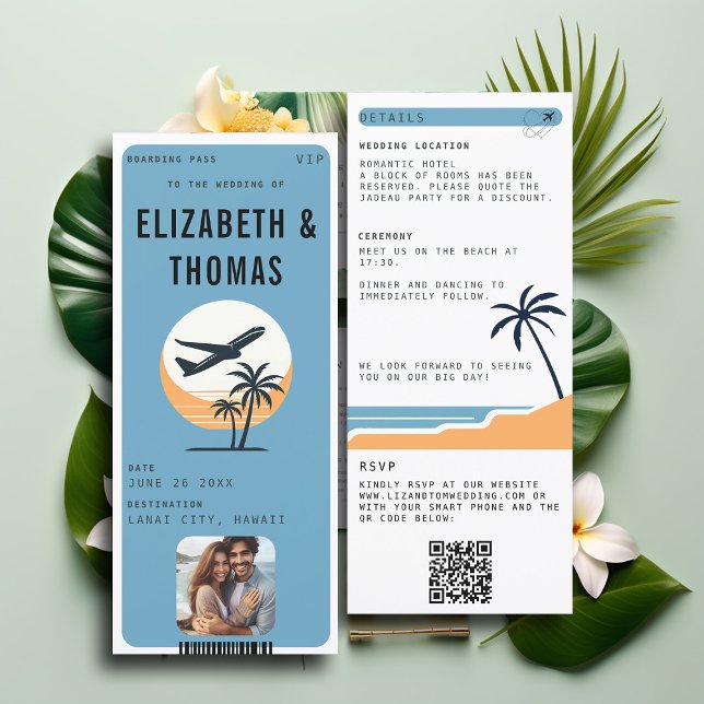 Convites Casamento de Fotografias Tropicais Modernas de Des (tropical beach destination wedding invitation boarding pass qr code all in one photo QR modern)