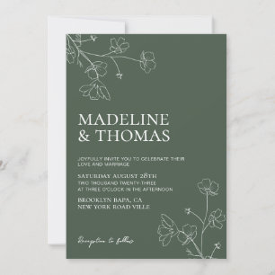 Convites Casamento de Fotografias Verde Escuro Moderno Flor