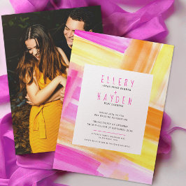 Convites Casamento de fotos amarelas cor-de-rosa com abstra