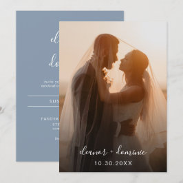 Convites Casamento de Fotos Azul com Dusty de Script Minima
