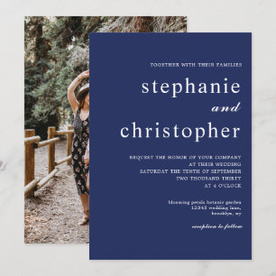 Convites Casamento de Fotos Azul com Marinho de Script Mini