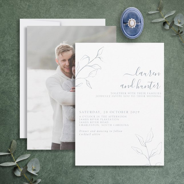 Convites Casamento de Fotos Botânicas de Script Azul Modern (Criador carregado)