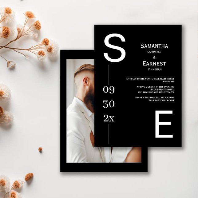 Convites Casamento de Fotos Branca e Preto Simples Moderno (Criador carregado)