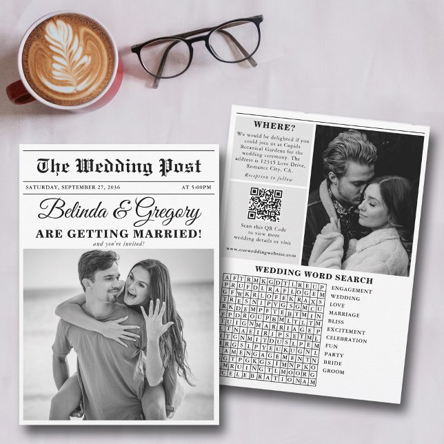 Convites Casamento de Fotos Brancas e Negras (Wedding Newspaper Fun Black & White Photo Wedding Invitation)