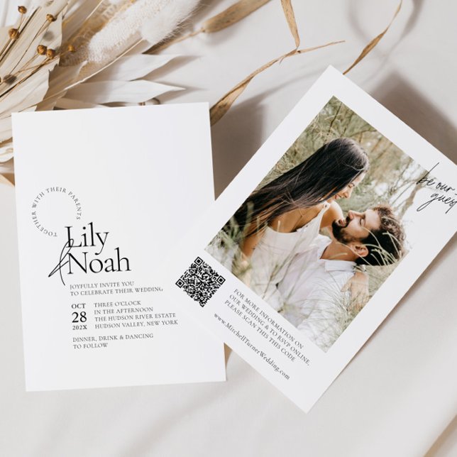 Convites Casamento de Fotos Branco e Preto Moderno Minimali (Criador carregado)