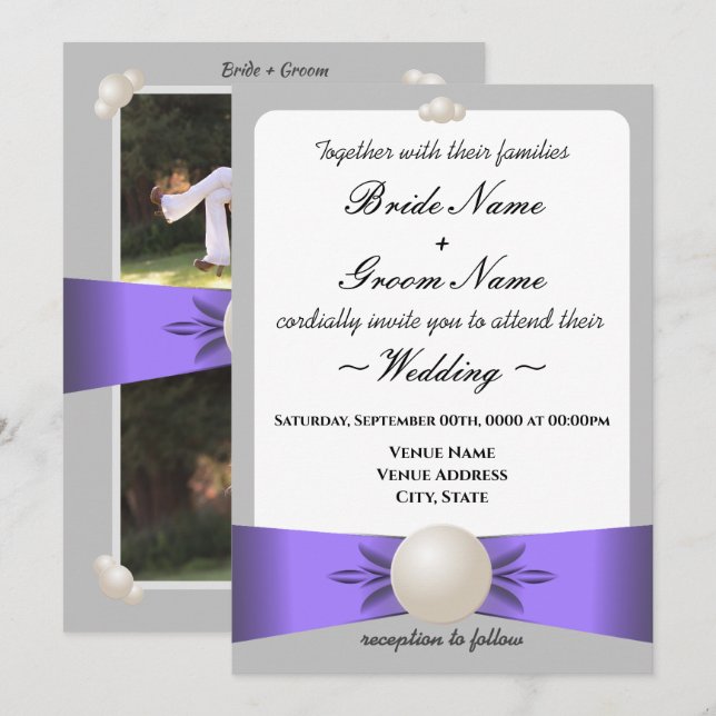 Convites Casamento de Fotos com Fita de Lavanda Suave e Pér (Frente/Verso)