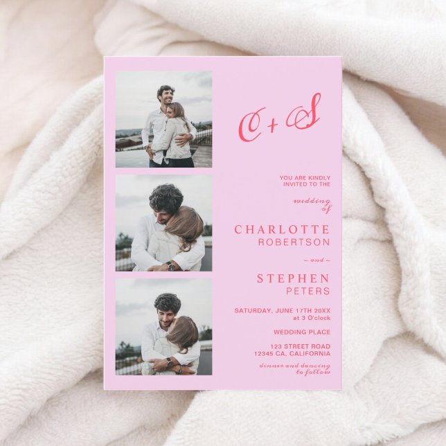 Convites Casamento de fotos com iniciais casuais rosa-quent (Retro hot pink red casual initials photo wedding invitation)