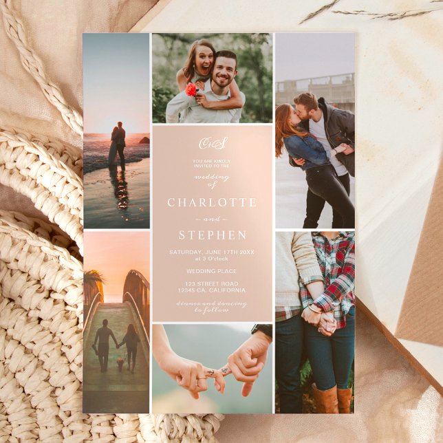 Convites Casamento de fotos com iniciais de rosca poeirenta (Modern dusty blush initials photo grid wedding invitation)