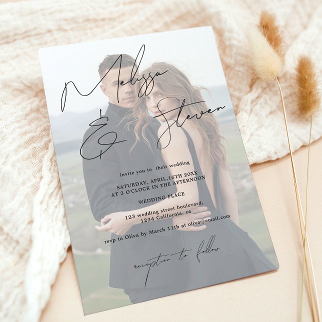 Convites Casamento de fotos com script calliografia (Chic names script calligraphy photo wedding invitation black on white)