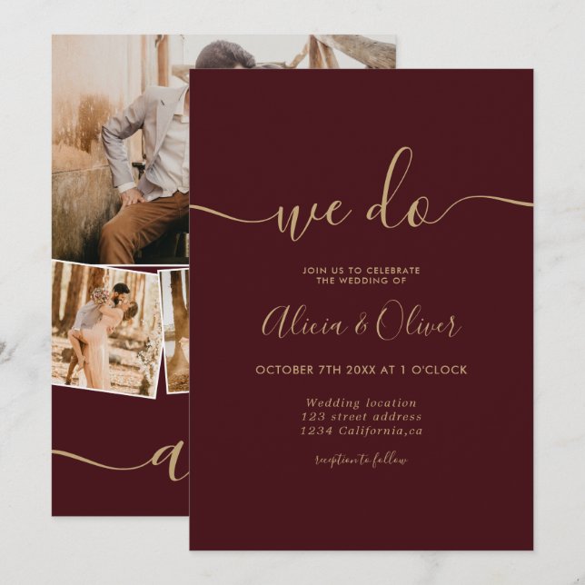 Convites Casamento de fotos com script de burgundy moderno (Frente/Verso)