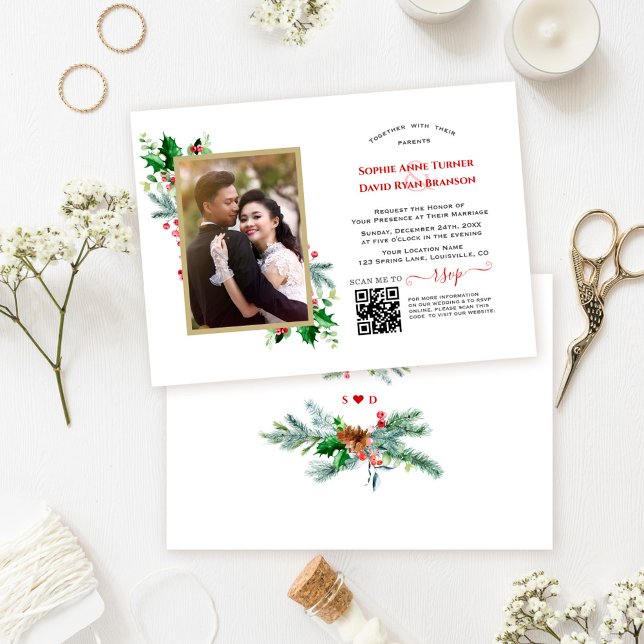 Convites Casamento de Fotos de Feriados de Inverno do Códig (winter wedding photo qr code, christmas wedding invitation, pine berries xmas holidays wedding )