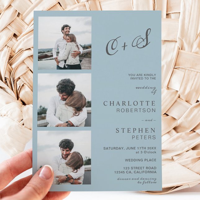 Convites Casamento de fotos de iniciais casuais azuis moder (Criador carregado)