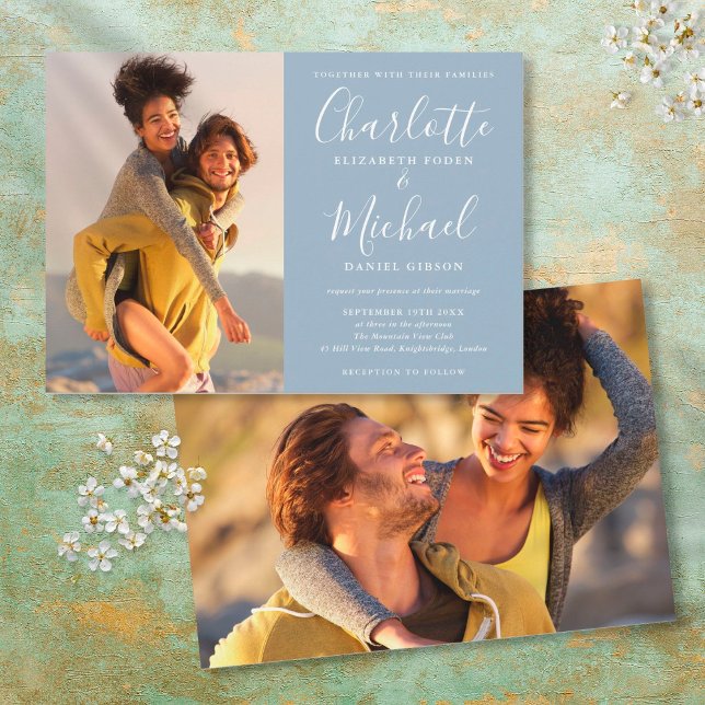 Convites Casamento de Fotos de Script de Assinatura Azul El (Criador carregado)