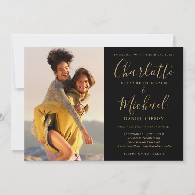 Convites Casamento De Fotos De Script De Assinatura Preta E (Frente)