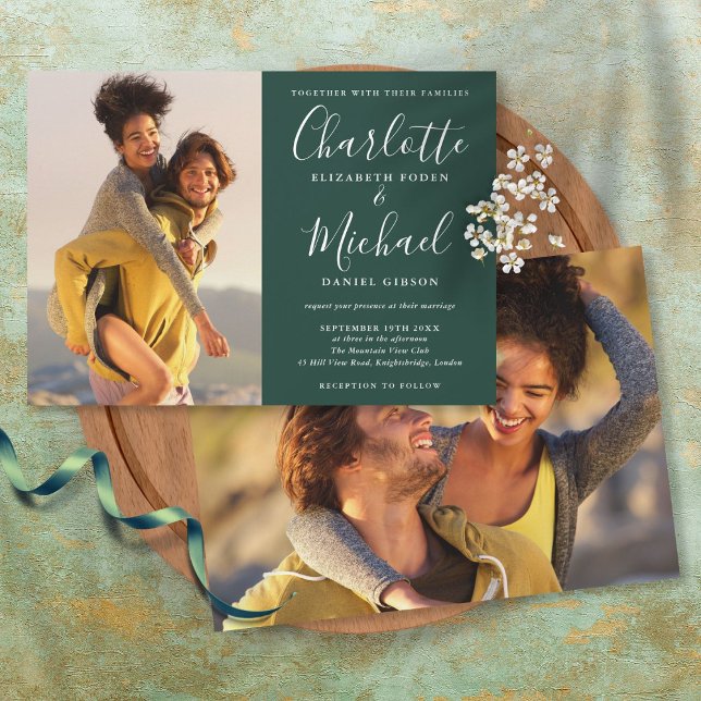 Convites Casamento de Fotos de Script Elegante Emerald Gree (Criador carregado)