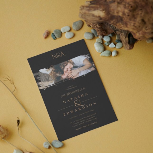Convites Casamento De Fotos De Traço Preto E Dourado Modern (Criador carregado)
