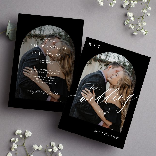 Convites Casamento de fotos do arco do monograma preto e br (Criador carregado)